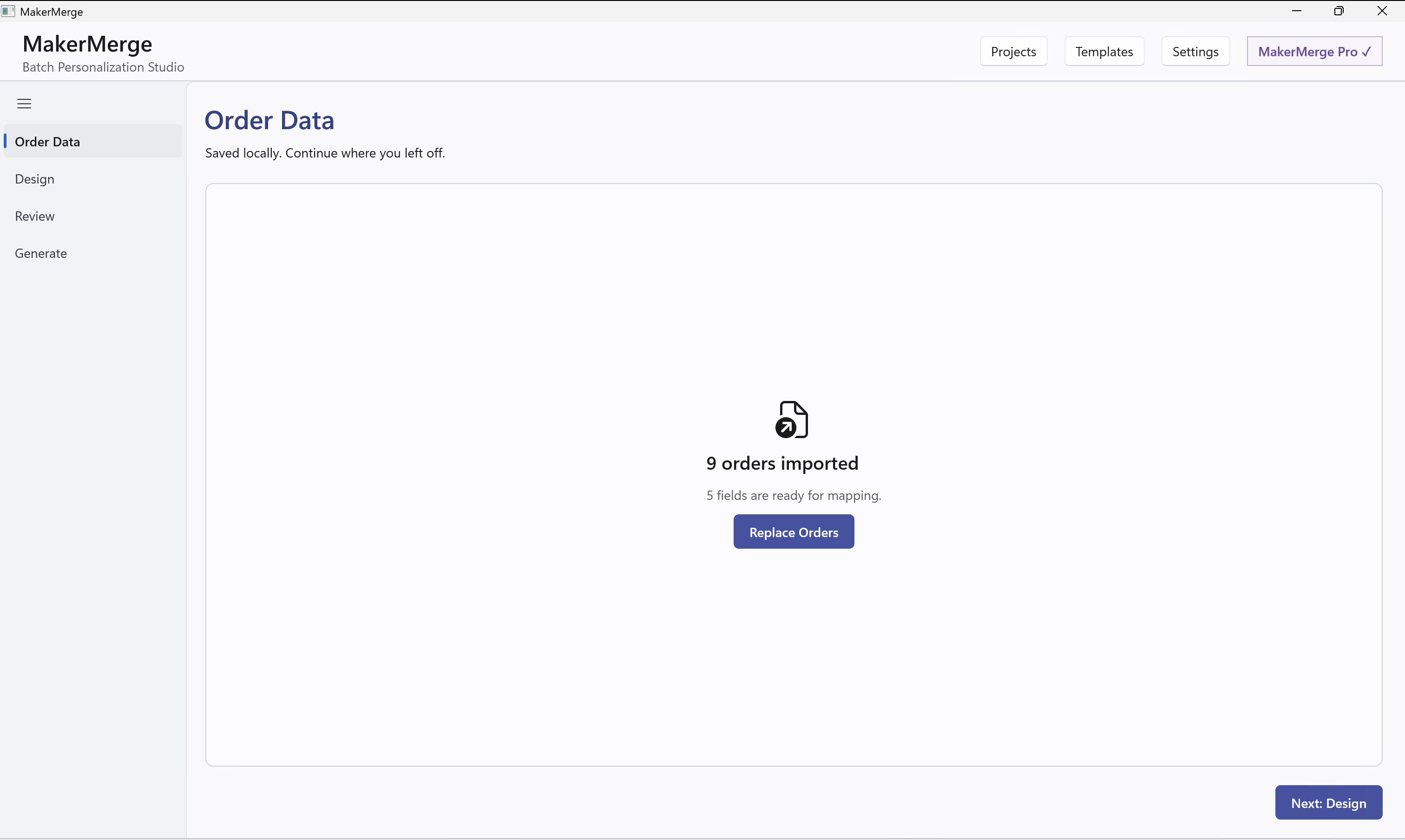 MakerMerge Order Data screen on Windows showing nine imported synthetic orders